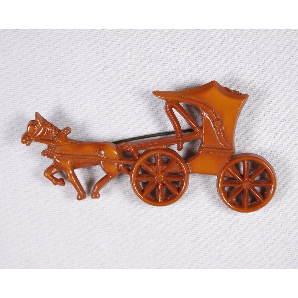 1940s celluloid horse drawn buggy brooch by Nicholas Barbieri pat 133191